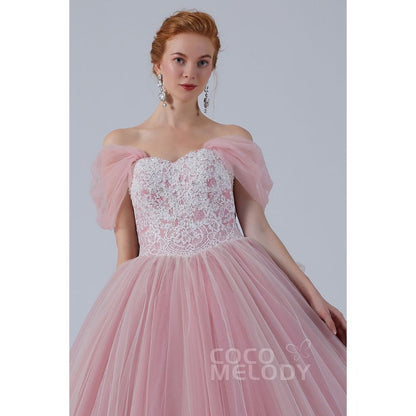 CW2155 プリンセス オフショルダー リボン レースアップリケ ビーズ ピンク カラードレス 【結婚式 カラードレス オーダーメイド】