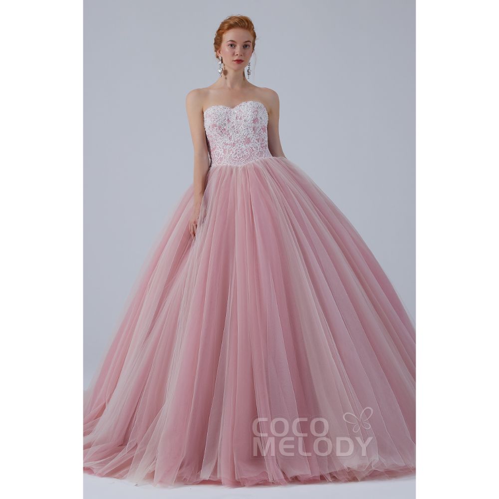 CW2155 プリンセス オフショルダー リボン レースアップリケ ビーズ ピンク カラードレス 【結婚式 カラードレス オーダーメイド】