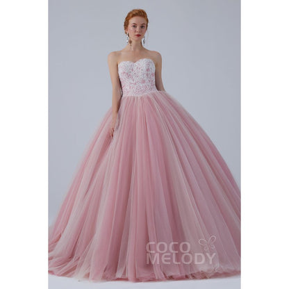 CW2155 プリンセス オフショルダー リボン レースアップリケ ビーズ ピンク カラードレス 【結婚式 カラードレス オーダーメイド】