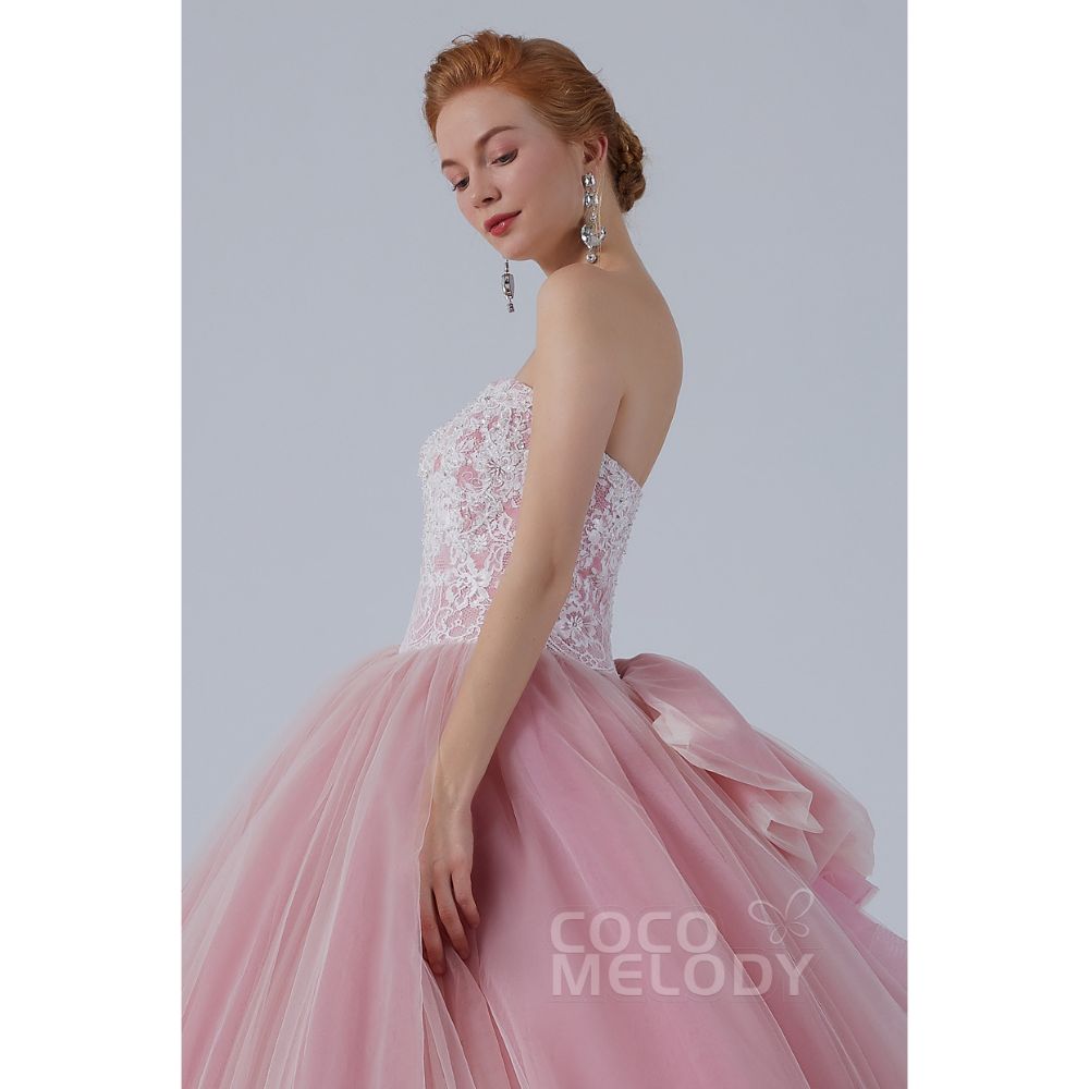CW2155 プリンセス オフショルダー リボン レースアップリケ ビーズ ピンク カラードレス 【結婚式 カラードレス オーダーメイド】