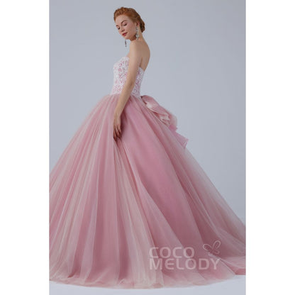 CW2155 プリンセス オフショルダー リボン レースアップリケ ビーズ ピンク カラードレス 【結婚式 カラードレス オーダーメイド】