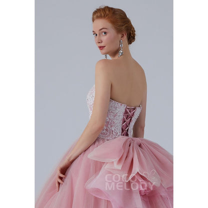CW2155 プリンセス オフショルダー リボン レースアップリケ ビーズ ピンク カラードレス 【結婚式 カラードレス オーダーメイド】