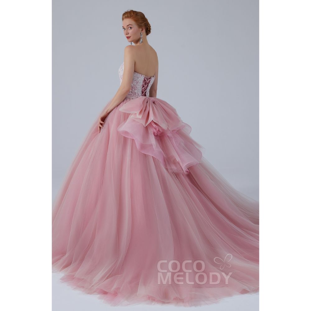 CW2155 プリンセス オフショルダー リボン レースアップリケ ビーズ ピンク カラードレス 【結婚式 カラードレス オーダーメイド】