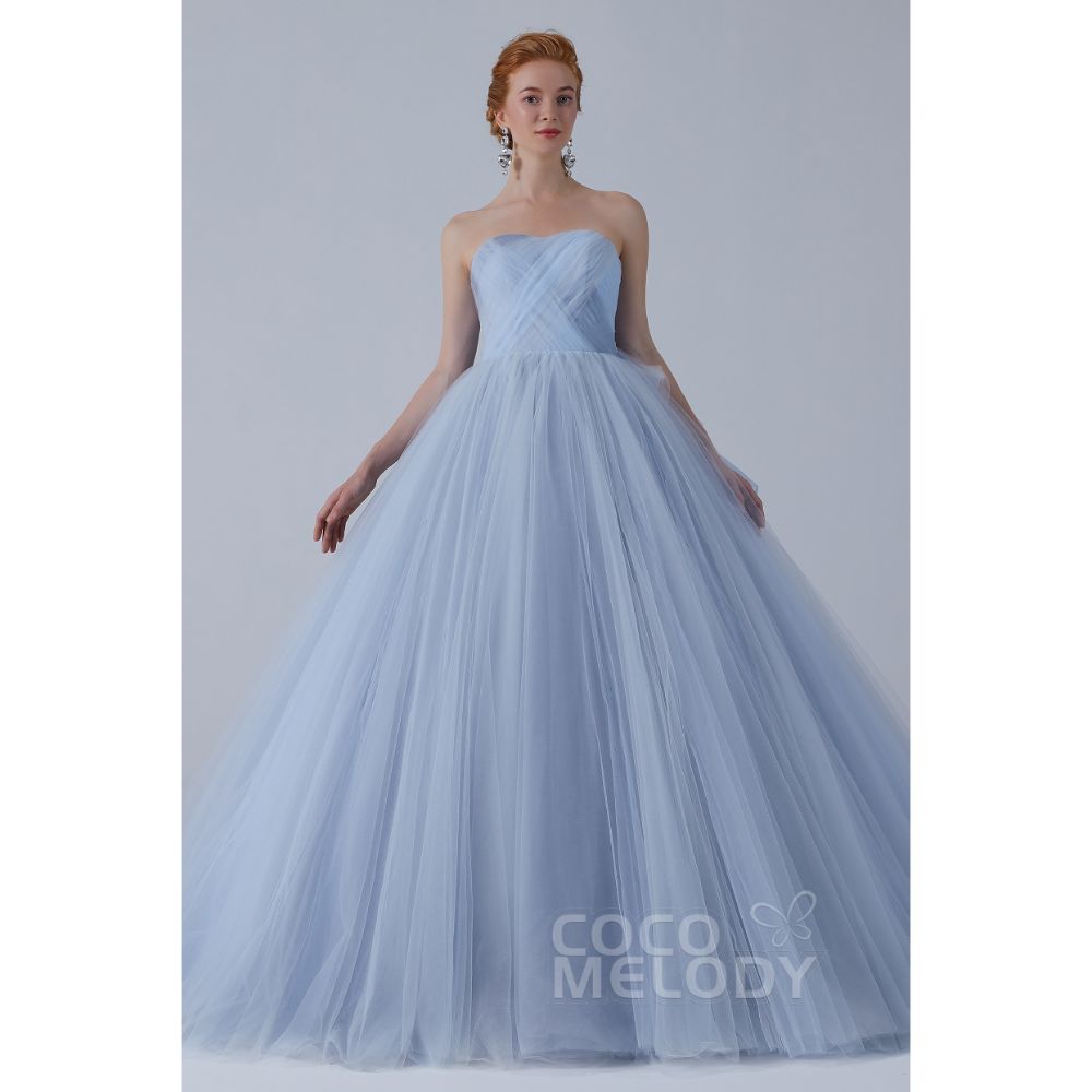 CW2156 プリンセス オフショルダー リボン ギャザー ブルーグレー カラードレス 【結婚式 カラードレス オーダーメイド】