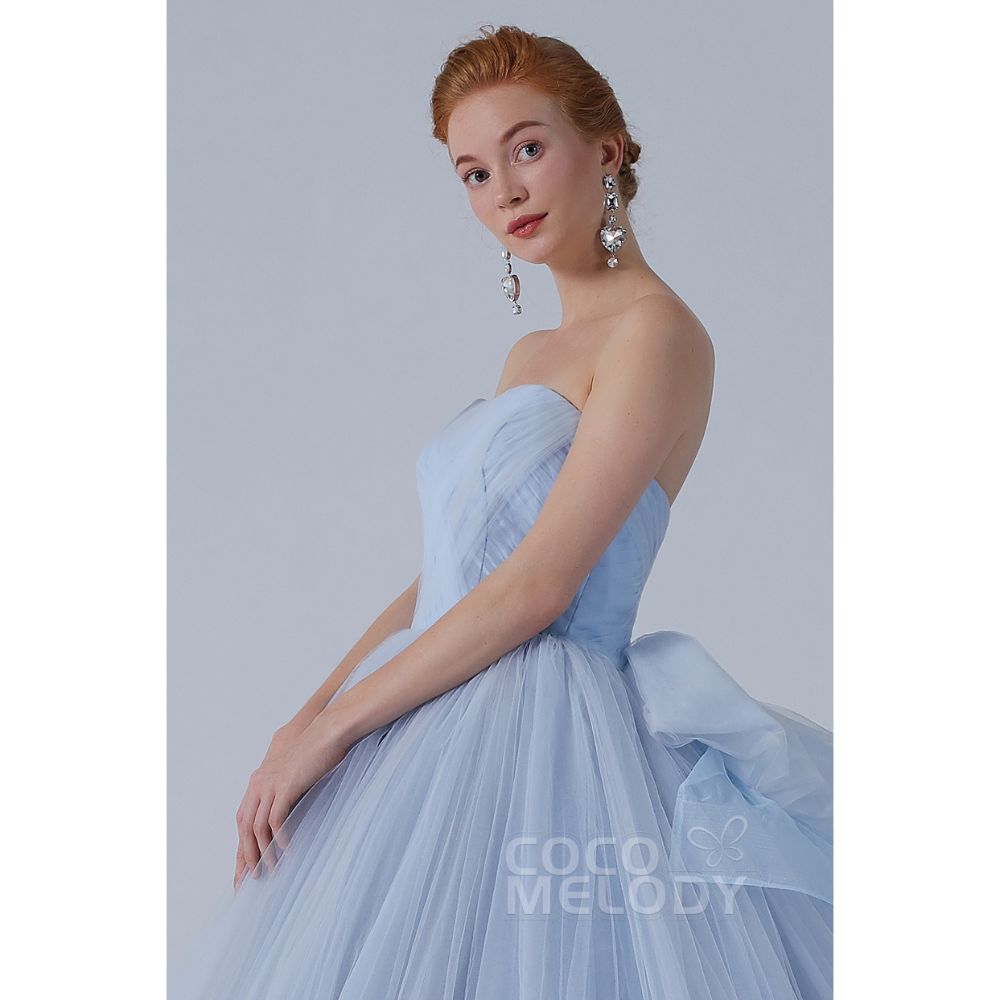 CW2156 プリンセス オフショルダー リボン ギャザー ブルーグレー カラードレス 【結婚式 カラードレス オーダーメイド】