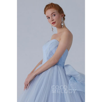 CW2156 プリンセス オフショルダー リボン ギャザー ブルーグレー カラードレス 【結婚式 カラードレス オーダーメイド】