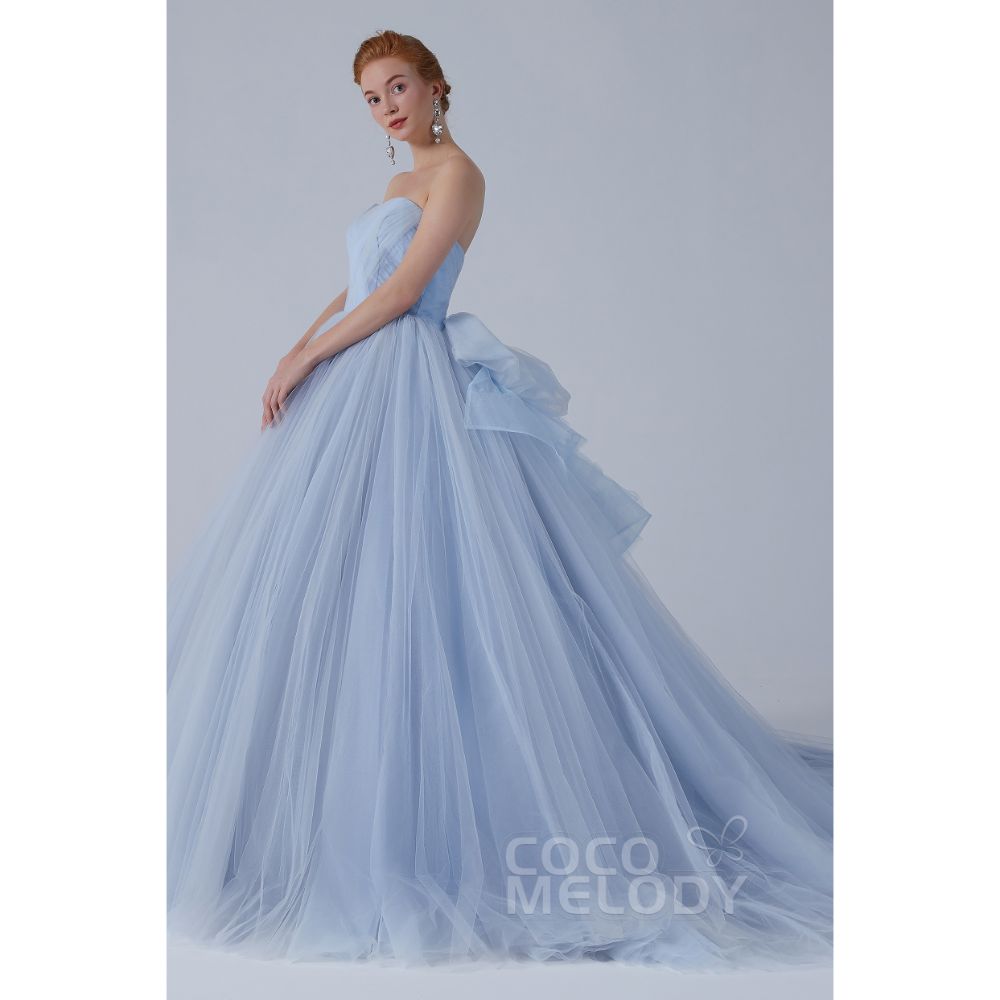 CW2156 プリンセス オフショルダー リボン ギャザー ブルーグレー カラードレス 【結婚式 カラードレス オーダーメイド】