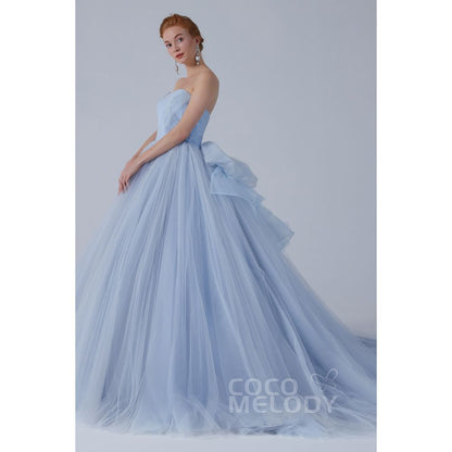 CW2156 プリンセス オフショルダー リボン ギャザー ブルーグレー カラードレス 【結婚式 カラードレス オーダーメイド】
