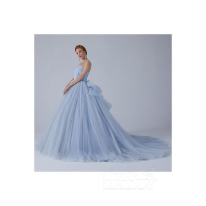 CW2156 プリンセス オフショルダー リボン ギャザー ブルーグレー カラードレス 【結婚式 カラードレス オーダーメイド】