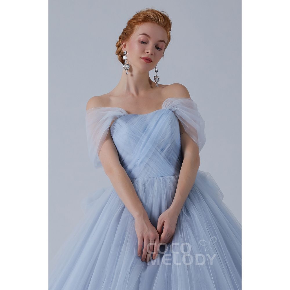 CW2156 プリンセス オフショルダー リボン ギャザー ブルーグレー カラードレス 【結婚式 カラードレス オーダーメイド】