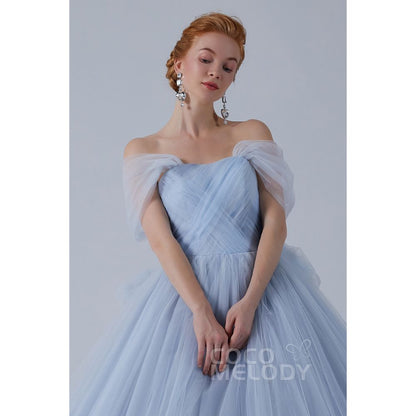 CW2156 プリンセス オフショルダー リボン ギャザー ブルーグレー カラードレス 【結婚式 カラードレス オーダーメイド】