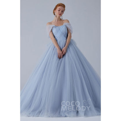 CW2156 プリンセス オフショルダー リボン ギャザー ブルーグレー カラードレス 【結婚式 カラードレス オーダーメイド】