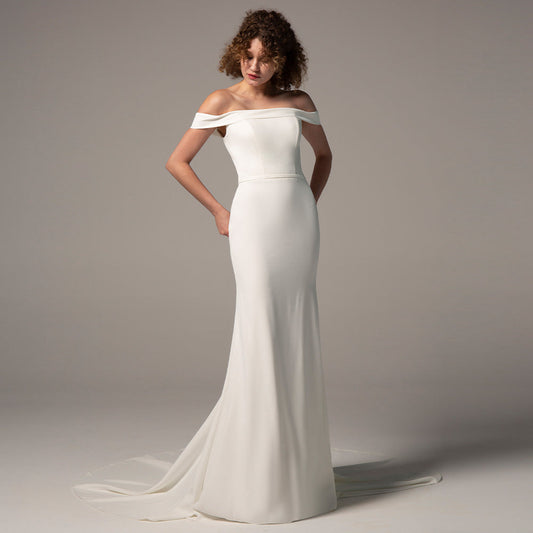 CW2366 オフショルダー サテン カジュアル ウエディングドレス 【ウェディングドレス】