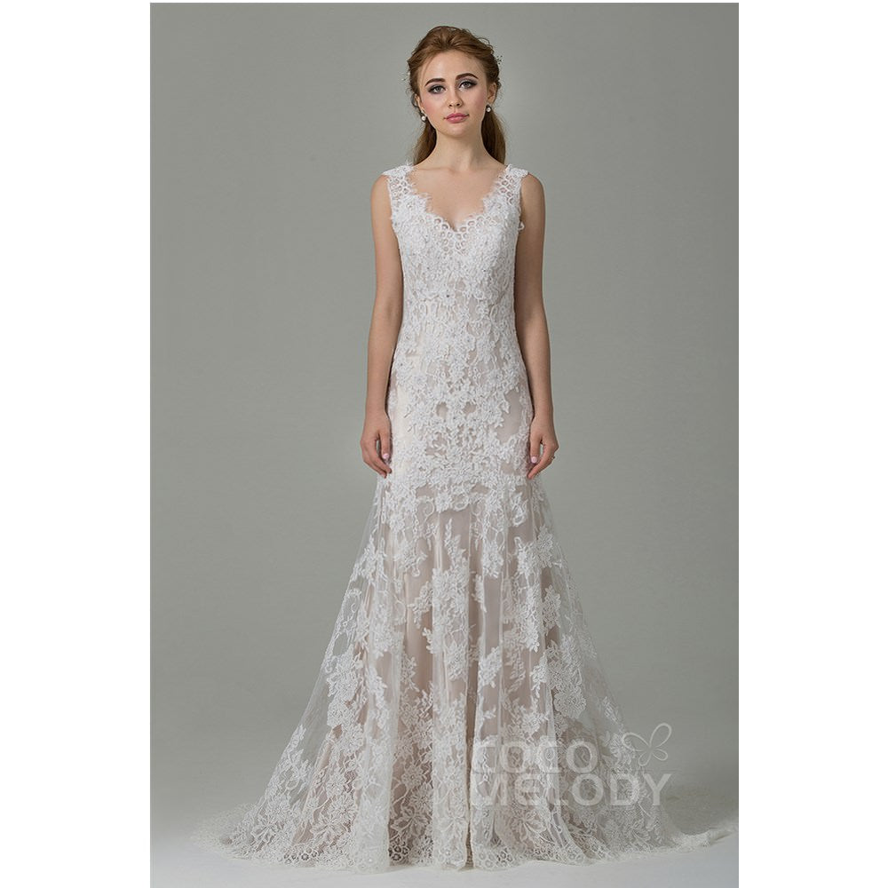 CWXT14061 レース Vネック スレンダーライン ウェディングドレス 【ウェディングドレス オーダーメイド】
