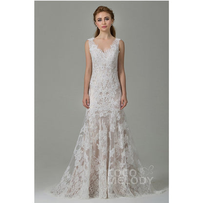 CWXT14061 レース Vネック スレンダーライン ウェディングドレス 【ウェディングドレス オーダーメイド】
