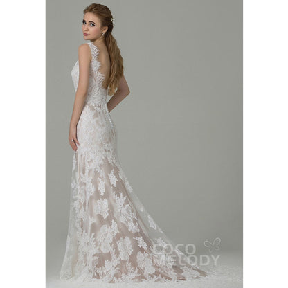 CWXT14061 レース Vネック スレンダーライン ウェディングドレス 【ウェディングドレス オーダーメイド】