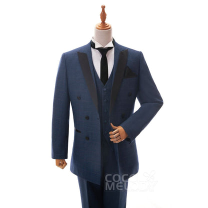 【CZ19005 タキシード】 ピークラペル ネイビーブルー チェック柄 7795 【結婚式 タキシード オーダーメイド】