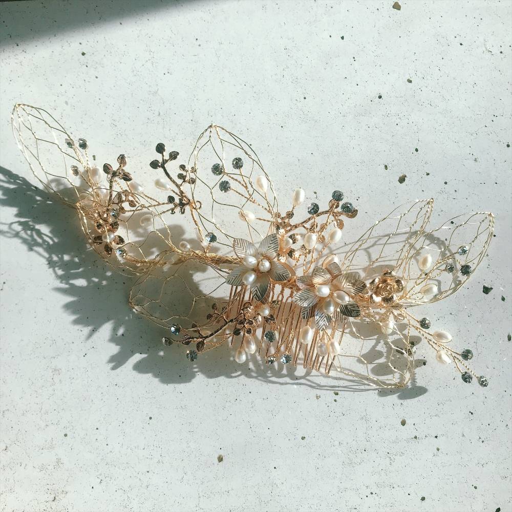 【ヘッドドレス】フラワーモチーフGoldヘッドドレス/ブライダルアクセサリー 【結婚式 ヘアアクセサリー】