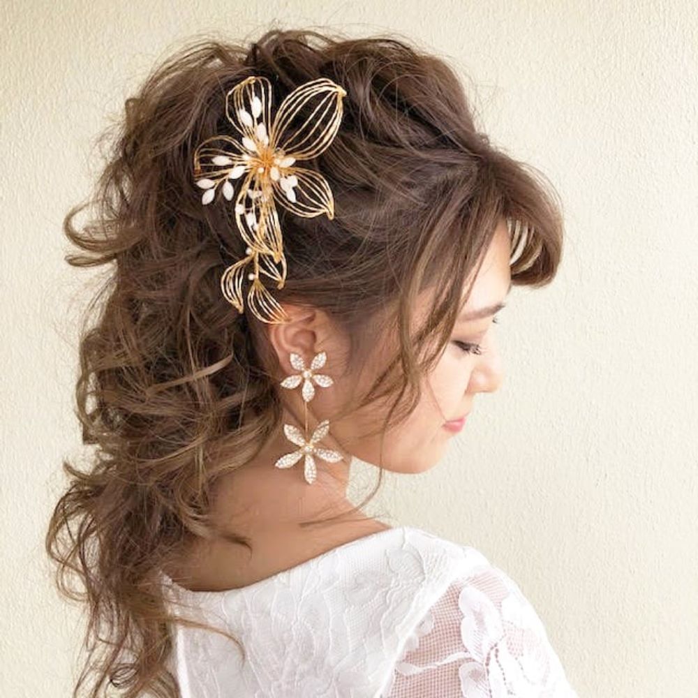 【ヘッドドレス】ゴールドフラワーのヘッドコーム 【結婚式 ヘアアクセサリー】