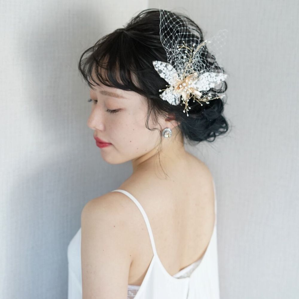 【ヘッドドレス】ゴールドレースボンネ 【結婚式　ヘアアクセサリー】