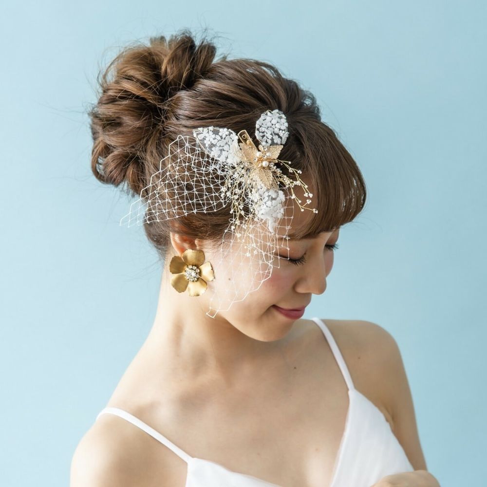 【ヘッドドレス】ゴールドレースボンネ 【結婚式 ヘアアクセサリー】