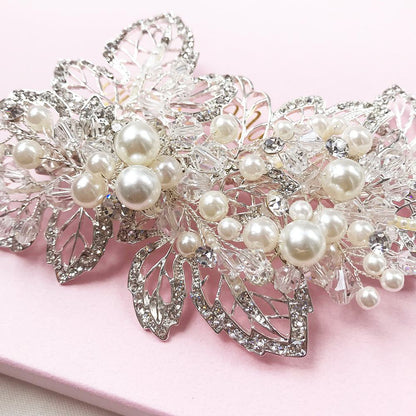 【ヘッドドレス】パールとクリスタルのリーフヘッドドレス/ブライダルアクセサリー 【結婚式 ヘアアクセサリー】