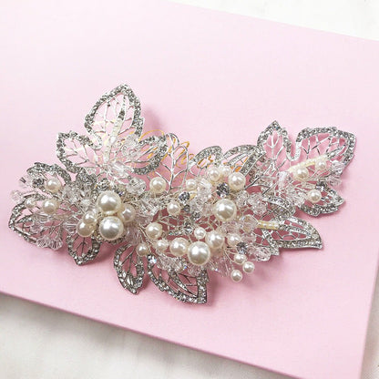 【ヘッドドレス】パールとクリスタルのリーフヘッドドレス/ブライダルアクセサリー 【結婚式　ヘアアクセサリー】