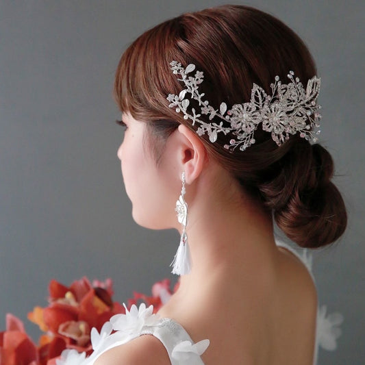 【ヘッドドレス】華やか シルバー リーフ ビジュー ボンネ ブライダルアクセサリー 【結婚式　ヘアアクセサリー】