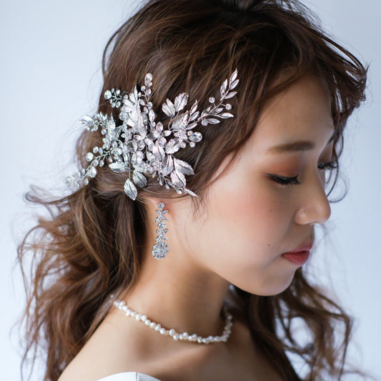 【ヘッドドレス】小枝 シルバーフラワー&リーフ ブライダルアクセサリー 【結婚式　ヘアアクセサリー】