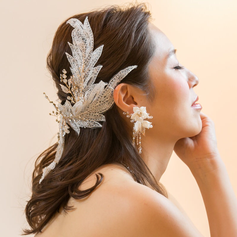 【ヘッドドレス】リーフレース&リーフクリスタル ブライダルアクセサリー 【結婚式　ヘアアクセサリー】