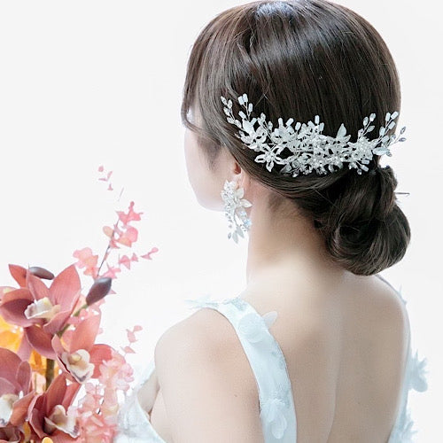 【ヘッドドレス】シルバーフラワー&リーフクリスタル ヘッドドレス 【結婚式　ヘアアクセサリー】