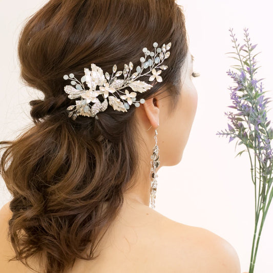 【ヘッドドレス】ナチュラルマットシルバーフラワー&リーフ ブライダルアクセサリー 【結婚式　ヘアアクセサリー】