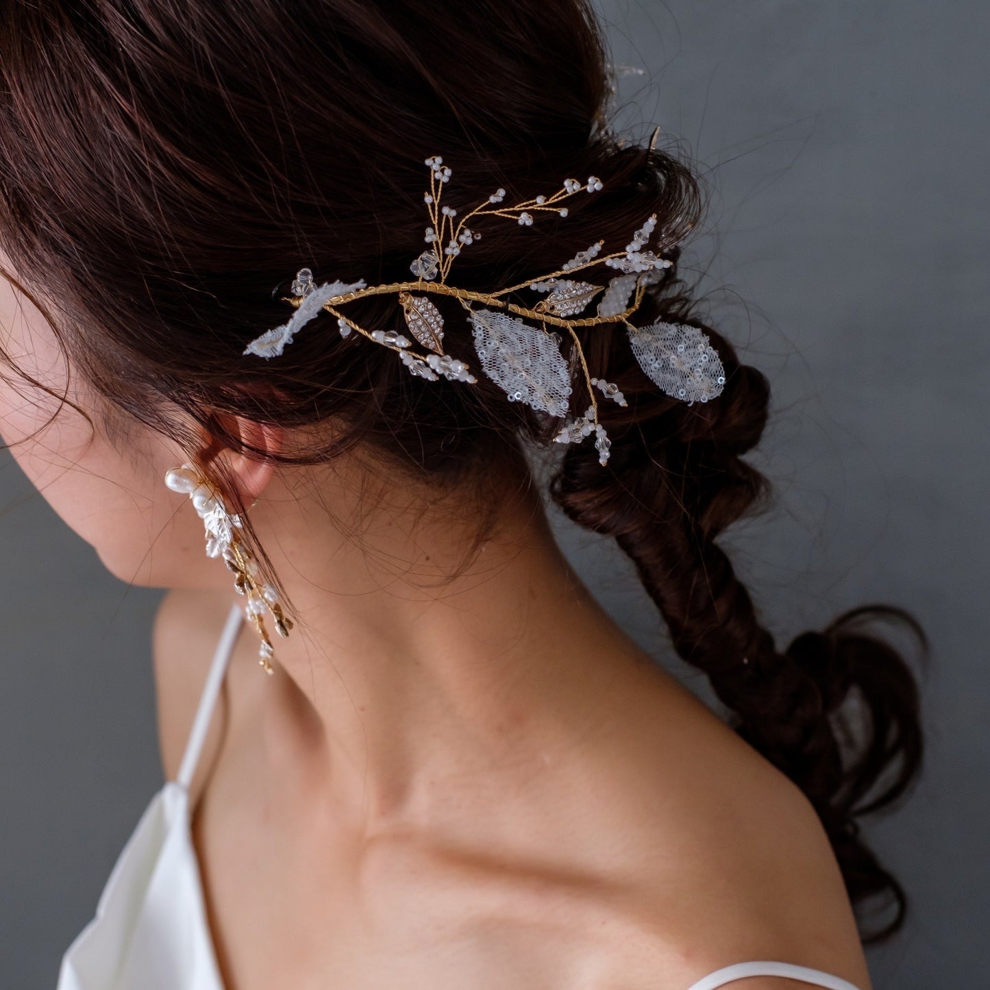 【ヘッドドレス】小枝リーフレースクリスタル ブライダルアクセサリー 【結婚式　ヘアアクセサリー】