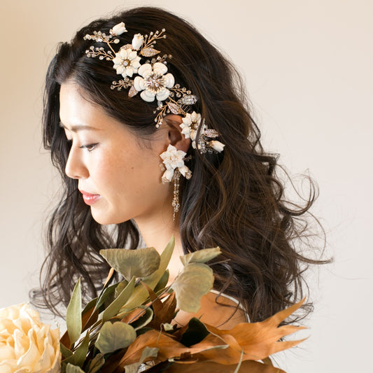 【ヘッドドレス】小枝 ホワイト ビンテージ フラワー ブライダルアクセサリー 【結婚式　ヘアアクセサリー】