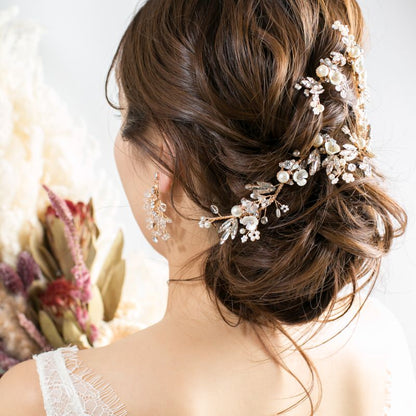 【ヘッドドレス】華やか 小枝 フラワー バレッタ ゴールド/ブライダルアクセサリー 【結婚式　ヘアアクセサリー】