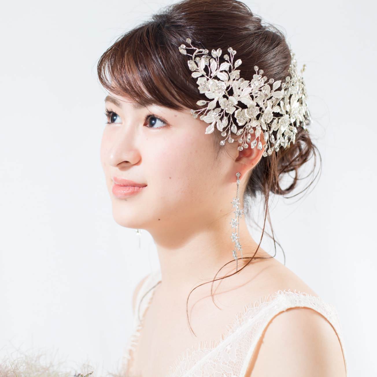 【ヘッドドレス】プラチナ マット リーフ&フラワー ブライダルアクセサリー 【結婚式　ヘアアクセサリー】