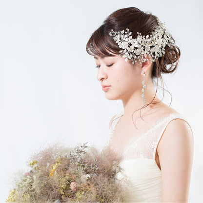 【ヘッドドレス】プラチナ マット リーフ&フラワー ブライダルアクセサリー 【結婚式　ヘアアクセサリー】