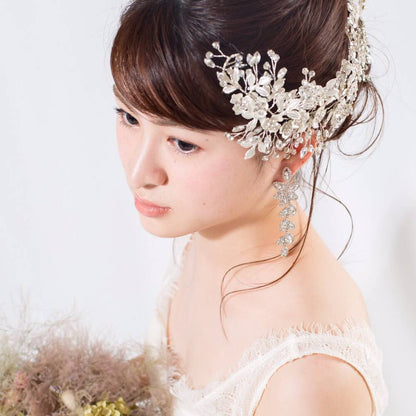 【ヘッドドレス】プラチナ マット リーフ&フラワー ブライダルアクセサリー 【結婚式　ヘアアクセサリー】