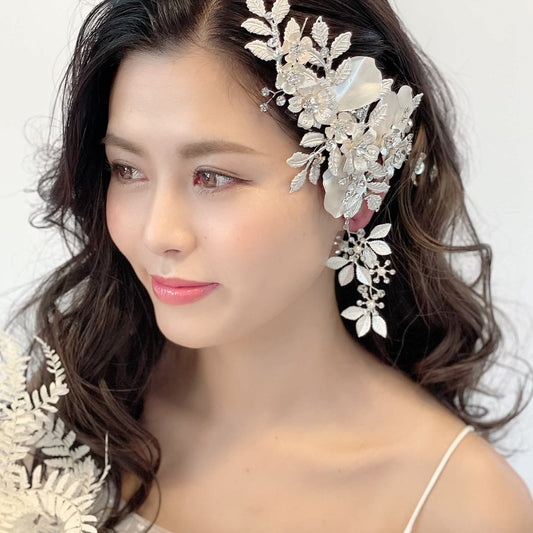 【ヘッドドレス】小枝 プラチナメタル フラワー&リーフ ブライダルアクセサリー 【結婚式　ヘアアクセサリー】