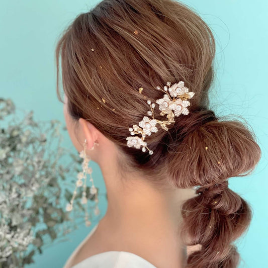 【ヘッドドレス】小枝 ビーズ フラワー 3P ヘアピン/ブライダルアクセサリー 【結婚式　ヘアアクセサリー】