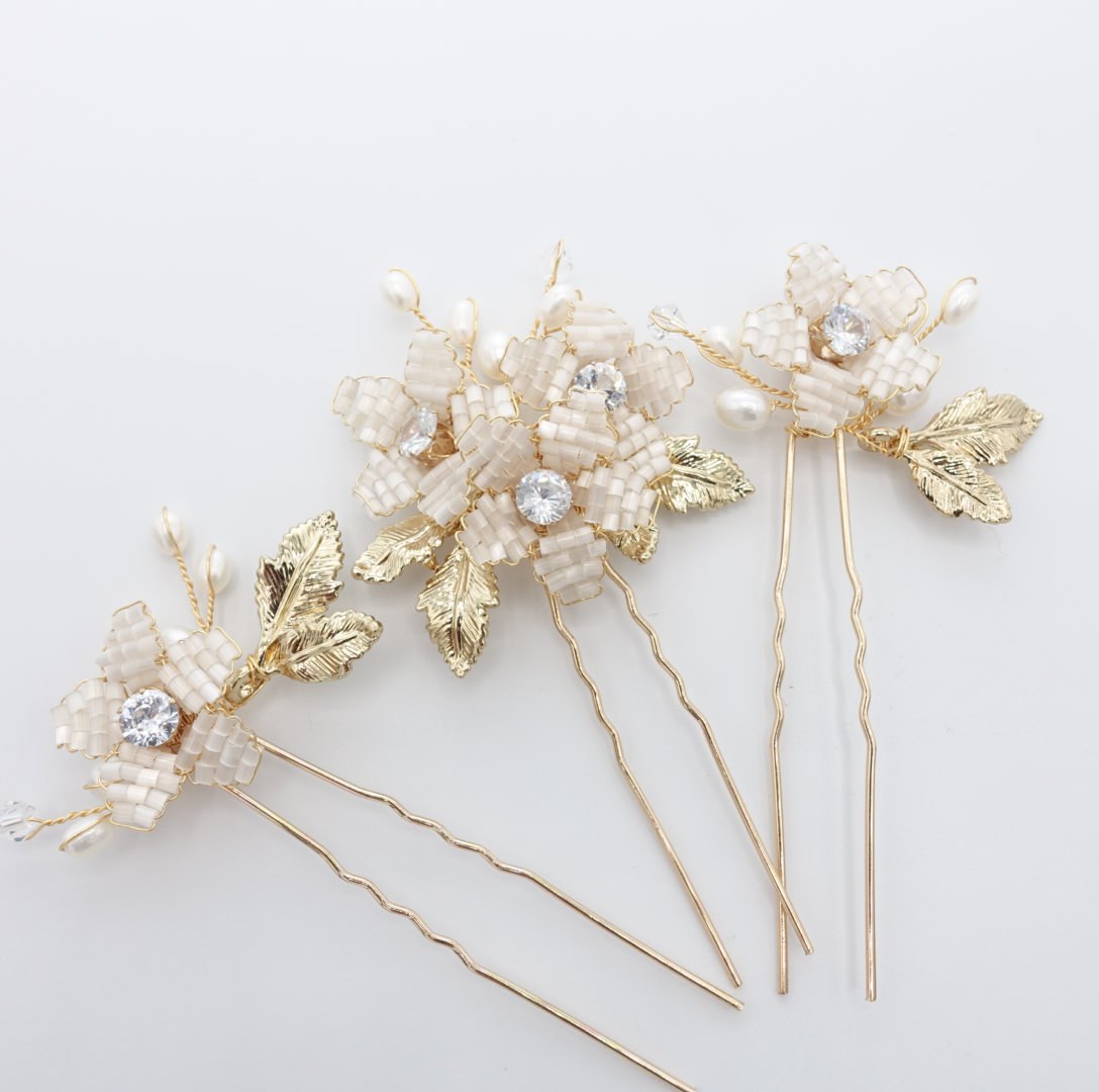 【ヘッドドレス】小枝 ビーズ フラワー 3P ヘアピン/ブライダルアクセサリー 【結婚式 ヘアアクセサリー】