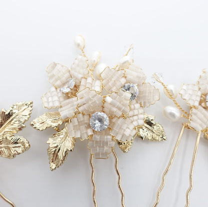 【ヘッドドレス】小枝 ビーズ フラワー 3P ヘアピン/ブライダルアクセサリー 【結婚式 ヘアアクセサリー】