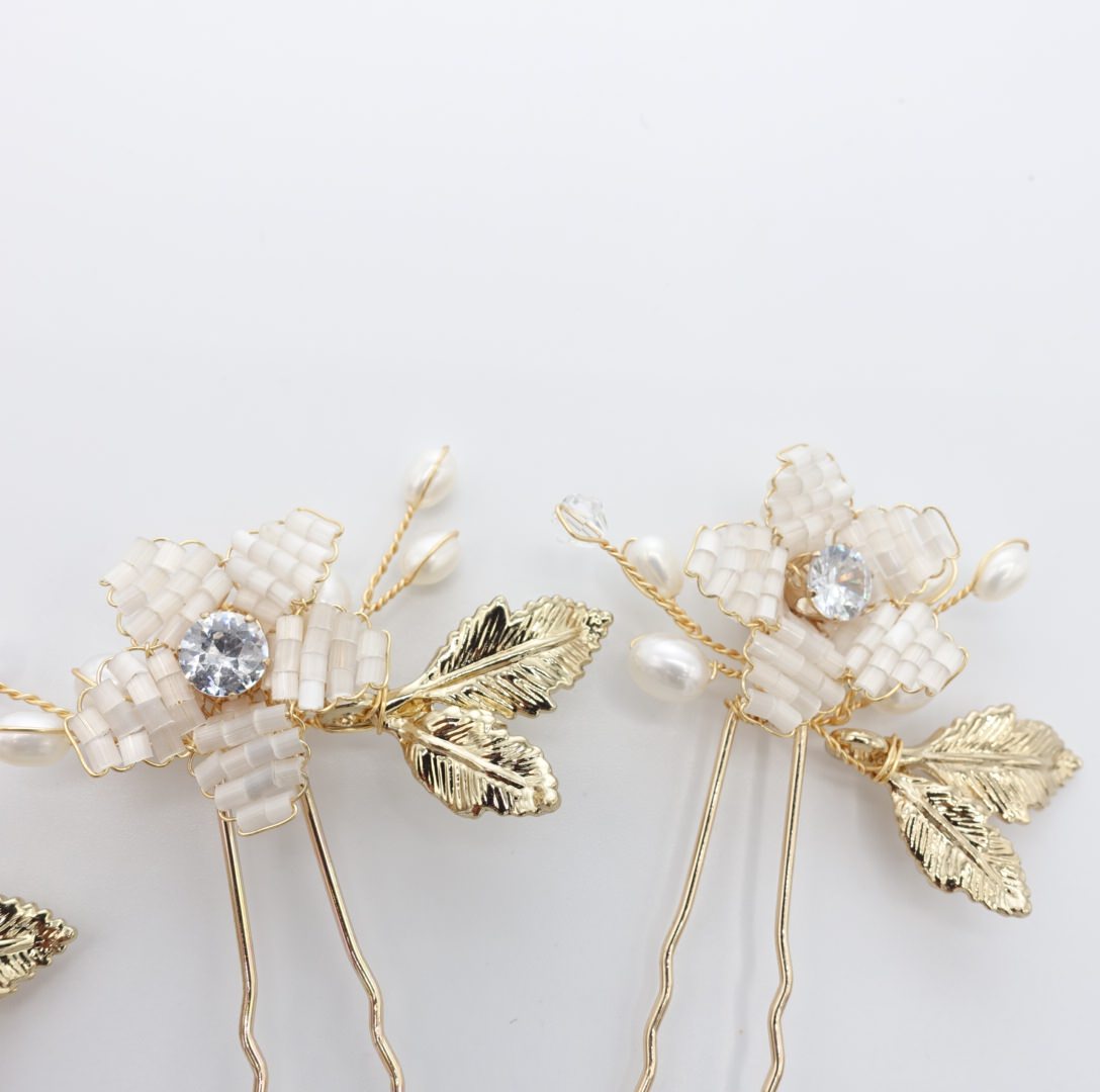 【ヘッドドレス】小枝 ビーズ フラワー 3P ヘアピン/ブライダルアクセサリー 【結婚式 ヘアアクセサリー】