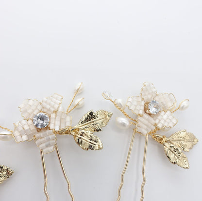 【ヘッドドレス】小枝 ビーズ フラワー 3P ヘアピン/ブライダルアクセサリー 【結婚式 ヘアアクセサリー】