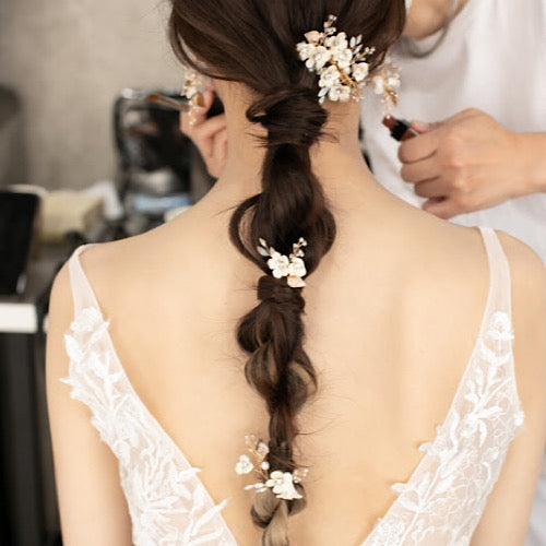 小枝 ナチュラルフラワー 3P ヘッドドレス & イヤリング(or ピアス選択)セット 【結婚式 アクセサリーセット】