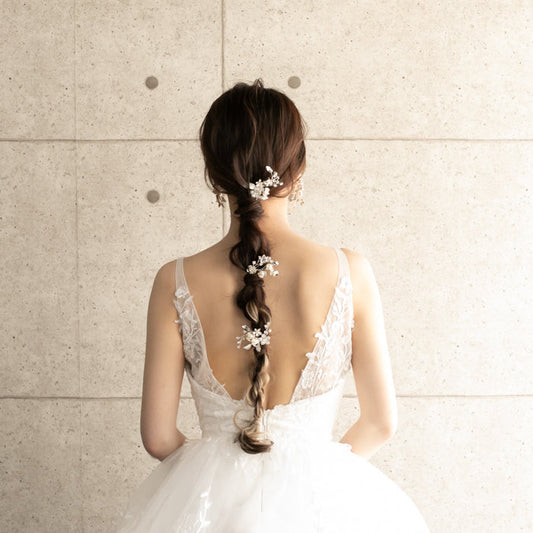 【ヘッドドレス】小枝 シルバー フラワー&パール 3P ヘアピン【結婚式 ヘアアクセサリー】