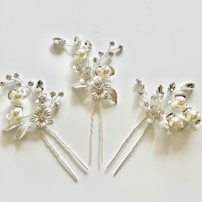 【ヘッドドレス】小枝 シルバー フラワー&パール 3P ヘアピン【結婚式 ヘアアクセサリー】