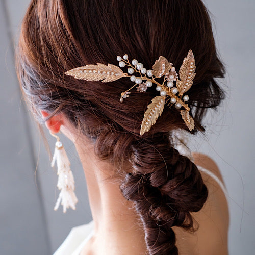 【ヘッドドレス】小枝 ゴールド リーフ パール ヘッドドレス 【結婚式　ヘアアクセサリー】