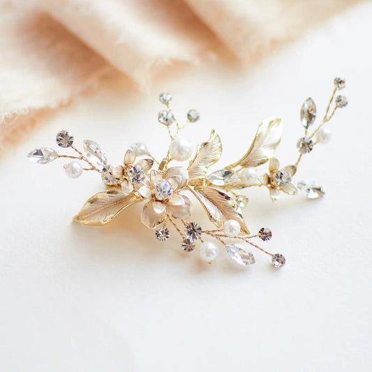 【ヘッドドレス】パールフローラルゴールドヘアクリップ 【結婚式 ヘアアクセサリー】