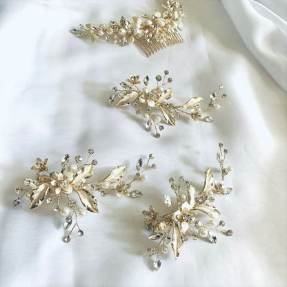 【ヘッドドレス】パールフローラルゴールドヘアクリップ 【結婚式 ヘアアクセサリー】